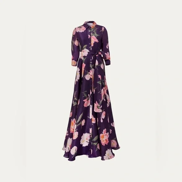 CAROLINA HERRERA Trench Gown in Fig Multi Purple Floral Belted Dress Size 8 NWT - Picture 4 of 13